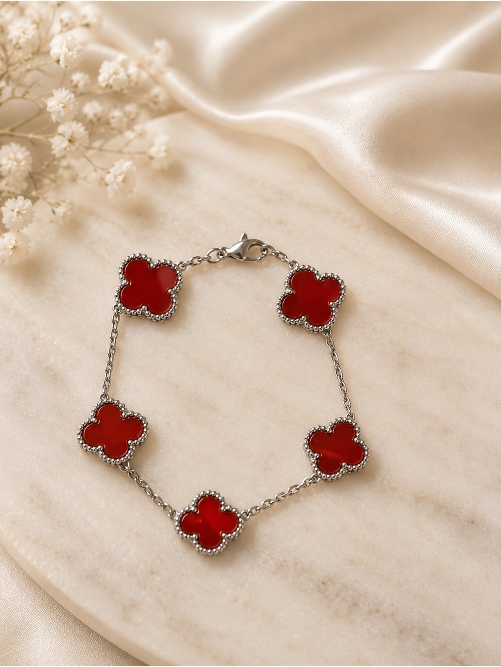 ❤️ Red Clover Station Bracelet | Silver Tone